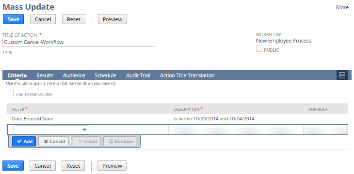 A portion of the Mass Updates page for employee records created between two dates.