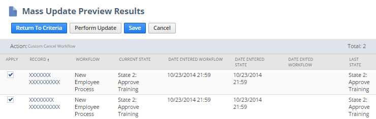 A portion of the Mass Update Preview Results page with examples of records with workflow instances to cancel.