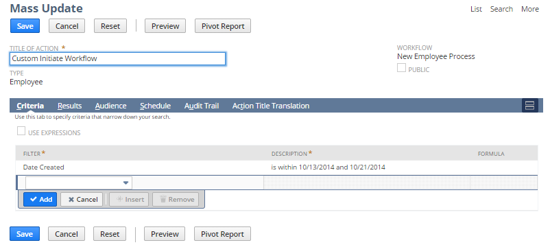 A portion of the Mass Updates page for employee records with the title of the action highlighted.