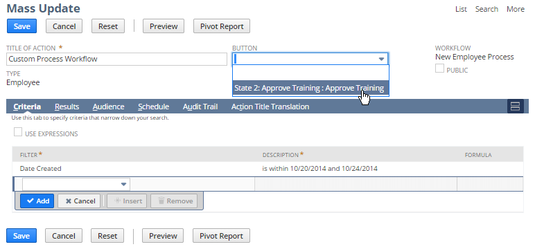 A portion of the Mass Updates page for employee records created between two dates.