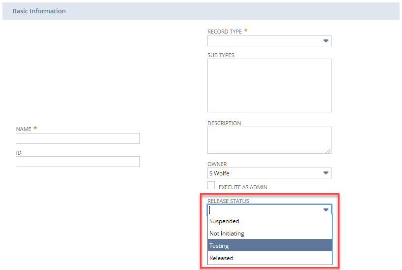 A portion of the workflow definition page showing the Release status options: Suspended, Not Initiating, Testing, and Released.