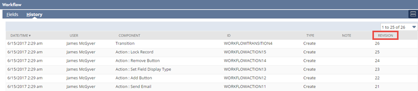 A portion of the Workflow Defition page with the History subtab selected and the Revision column highlighted.