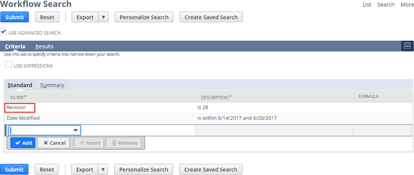 A portion of the an advanced workflow definition search that includes the Revision column as a standard filter.