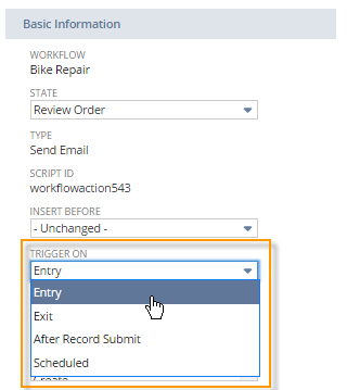 A portion of the Send Email action definition page with the Trigger On options highlighted. Options include Entry, Exit, After Record Submit, and Scheduled.