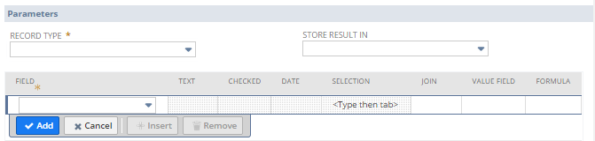 A screenshot showing the Parameters section of the Create Record action that shows the mandatory Record Type and Field fields.