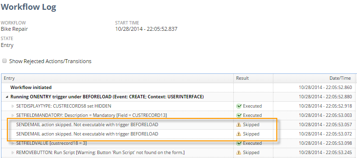 A portion of the workflow execution log that highlights that the Send Email action was skipped.