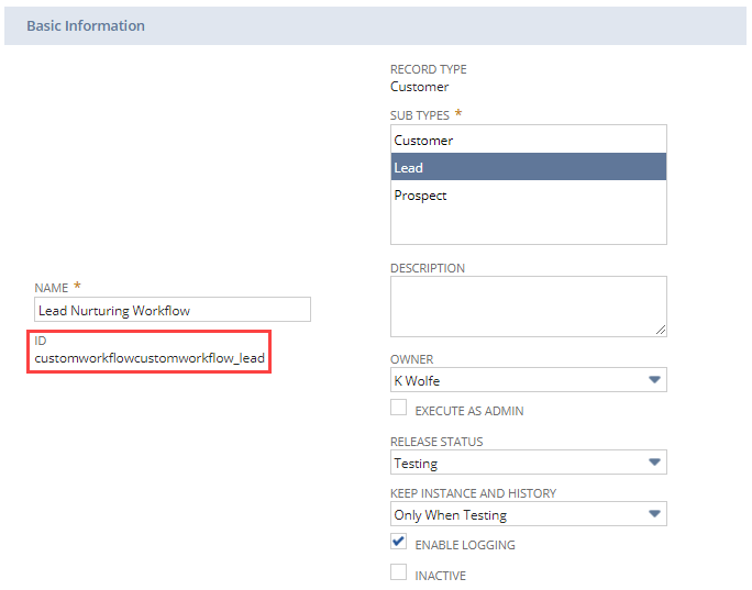 A portion of the workflow definition screen with the script ID highlighted.