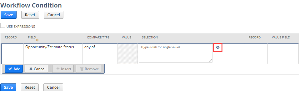 The Workflow Condition window, with the Select Multiple button highlighted. The Select Multiple button is located to the right of the Selection field.