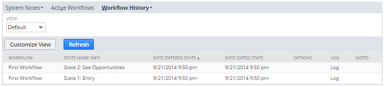 The Workflow history tab, which shows the two states of the workflow, the date and time each state was entered and exited by the workflow, and the workflow execution log for each state.