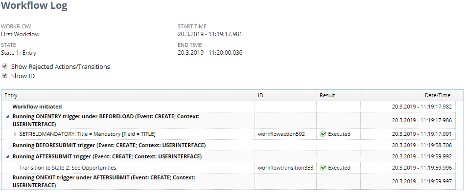 An example of the workflow execution log and the types of information found there.