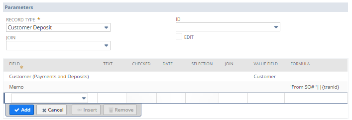 A portion of the Parameters section that shows Customer entered in the Customer (Payments and Deposits) field.