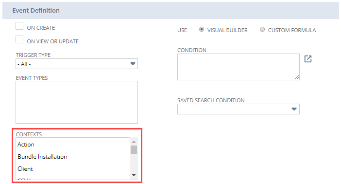 A portion of the workflow defintion page showing the Context Type field.