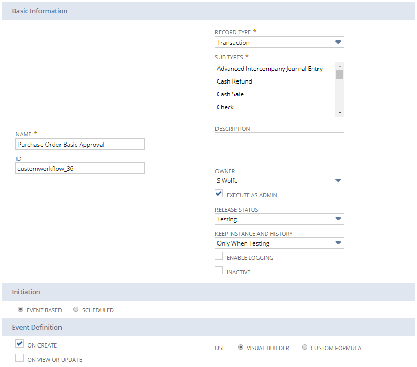 A screenshot of the workflow definition page and the properties available to set.