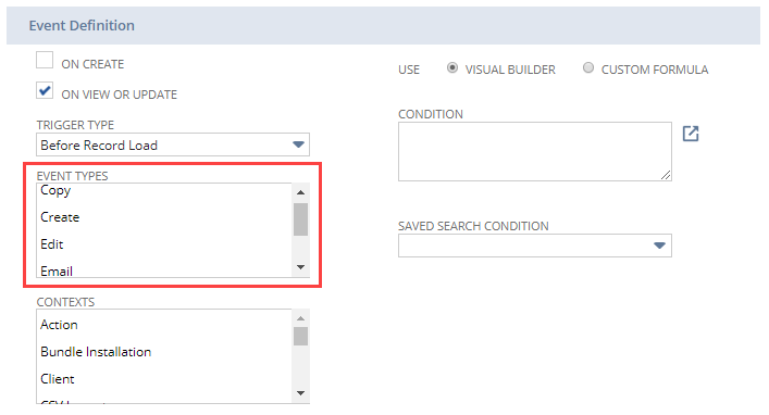 A portion of the workflow definition page highlighting the Event Type field.