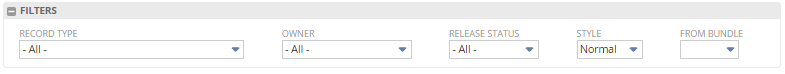 A screenshot of the Filters options on the Workflows list page: Record Type, Owner, Release Status, Style, and From Bundle.