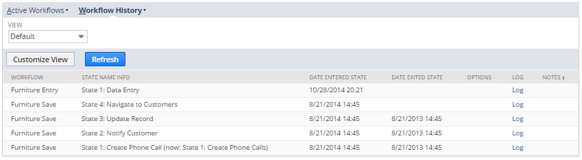 The Workflow History subtab in Default view mode. In addition to other workflow information, the subtab lists the workflows and the time and date a record enters and exits a state.