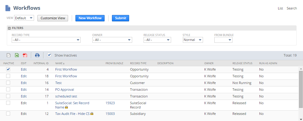 A portion of the Workflows list page showing example workflows and the corresponding workflow details.