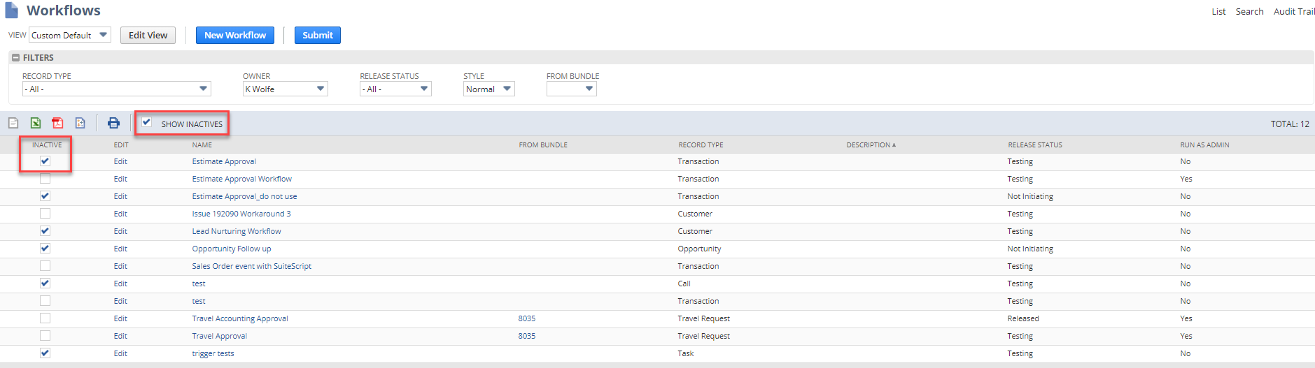 A portion of the Workflows list page showing the Show Inactives box checked.