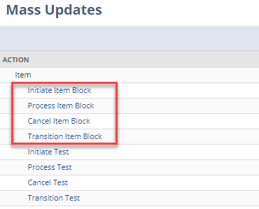 A portion of the Mass Updates page that shows an example of workflows based on the item record.