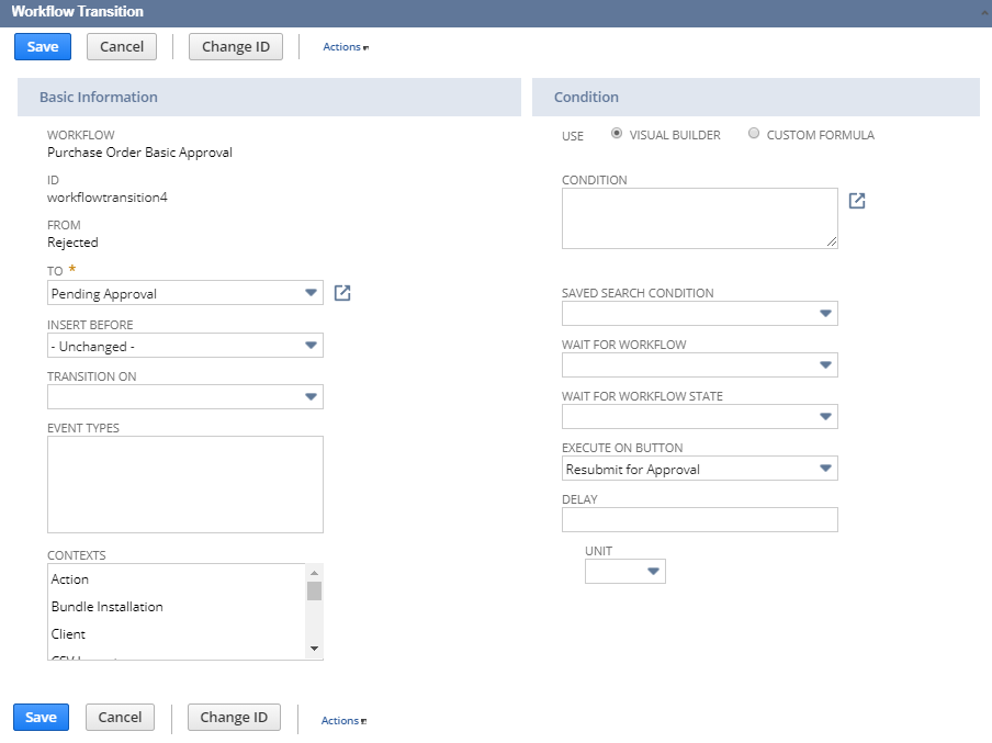 A screenshot of the Workflow Transition screen and the available properties you can set.