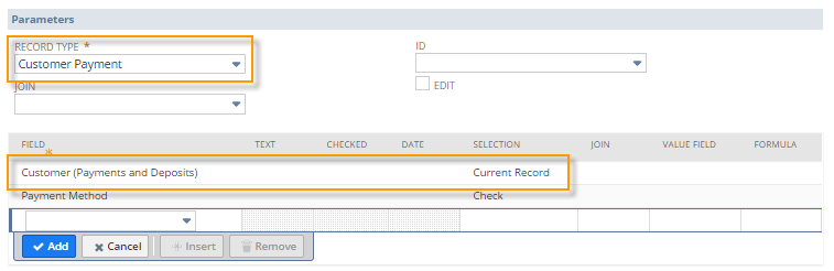 A portion of the Parameters section of a Go To Record action. The Customer (Payments and Deposits) field on the Customer Payment record is populated with the values of the Customer entity on the current record.