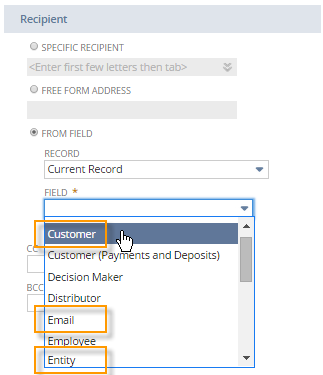 The options in the Field drop-down list. The Customer, Email, and Entity options are highlighted in the screenshot.