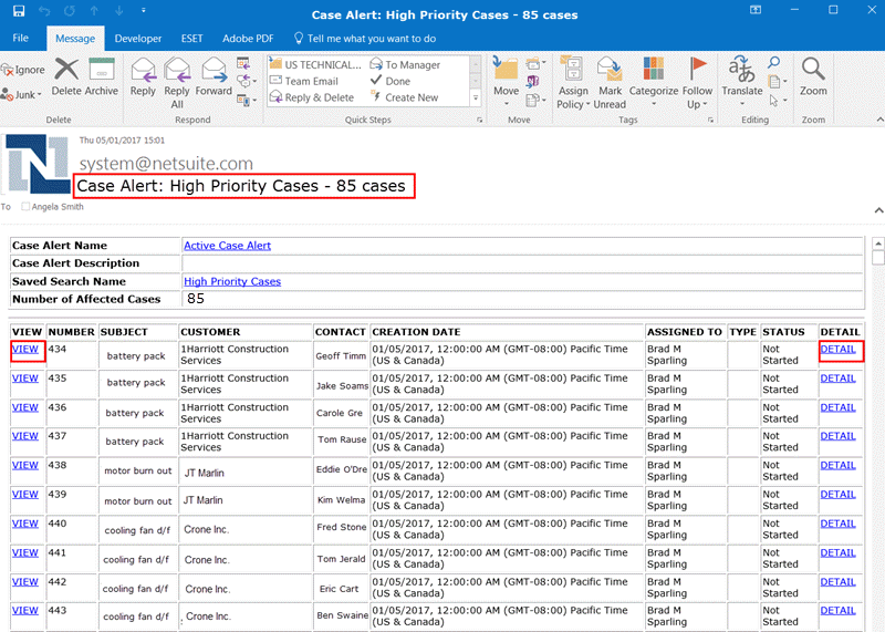 Screenshot of the standard email template included with the Case Alerts feature.