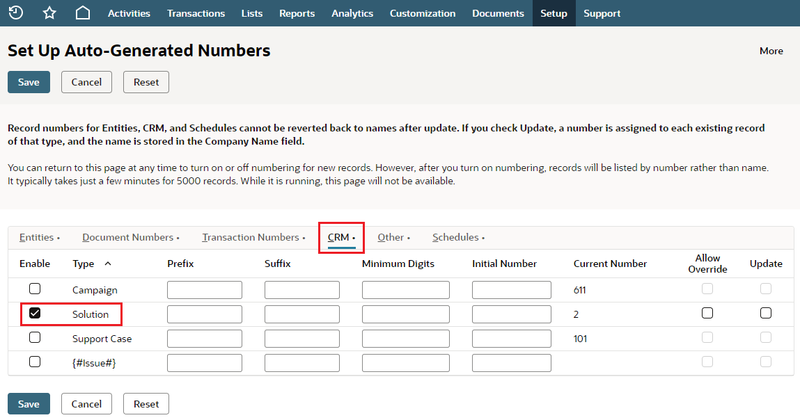 Screenshot of the Set Up Auto-Generated Numbers page, CRM subtab.