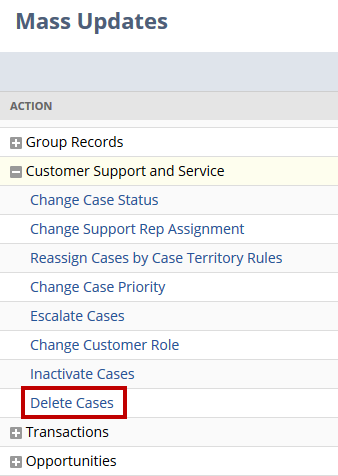 Screenshot of the Mass Updates actions, specifically Delete Cases.
