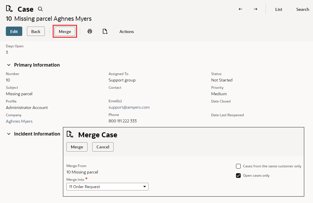 Screenshot of merging one case record into another case record.