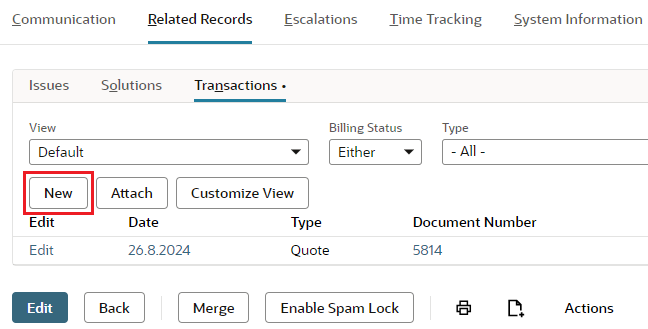 Screenshot of a portion of the Related Records subtab on a case record where the user is linking a case to a transaction.