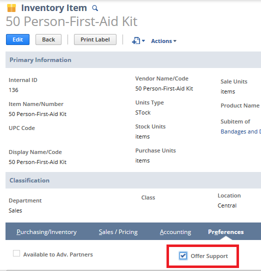 Screenshot of the Inventory Item page, Preferences subtab, Offer Support box.