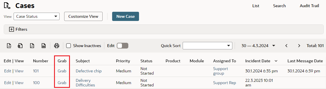 Screenshot of the Cases page where the user is grabing a case.