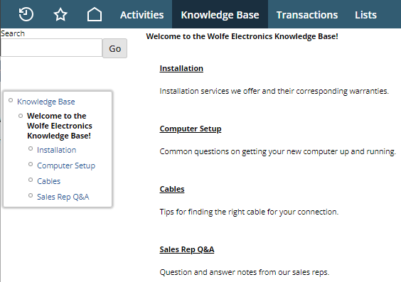 Screenshot of a Knowledge Base custom tab in a navigation menu.