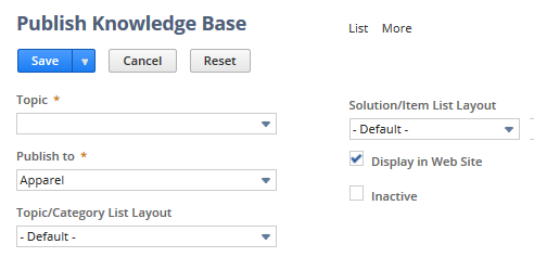 Screenshot of the Publish Knowledge Base page where you choose a layout for articles.