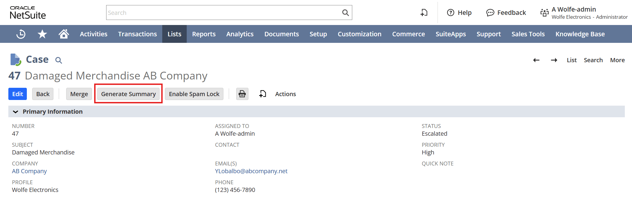screenshot of the Generate Summary button on a support case record