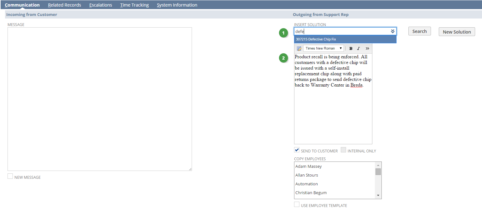 Screenshot of the Communication subtab on a case record where the user is attaching a solution to the case.