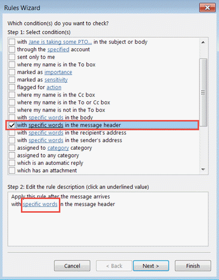 Screenshot of the Rules Wizard popup window in Outlook 2016.