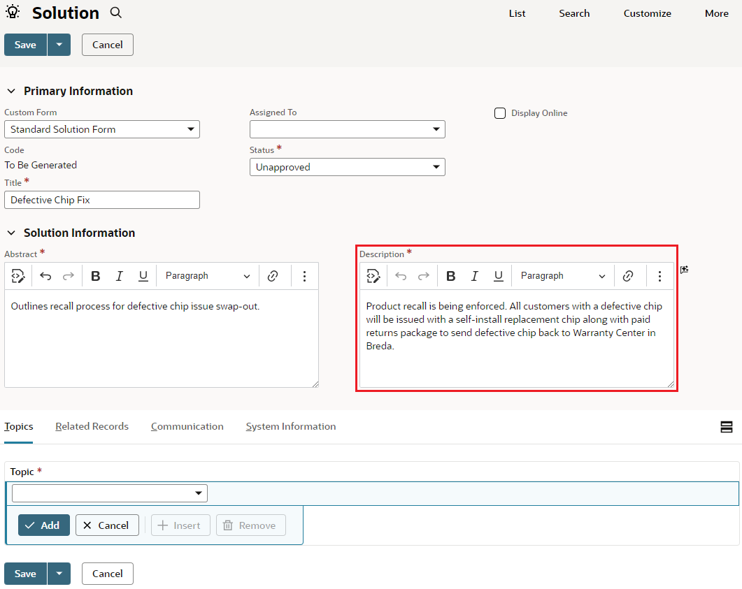 Screenshot of the Solution popup window where a user creates a new solution record.