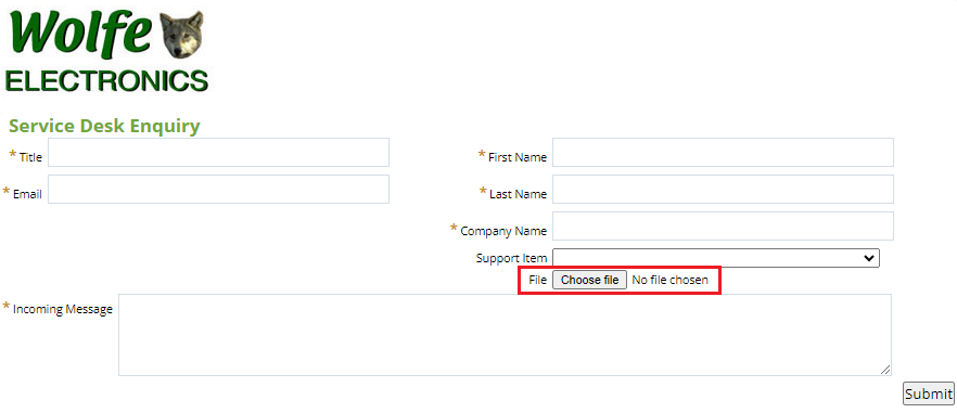 Screenshot of the online case form where the user is choosing a file to upload.