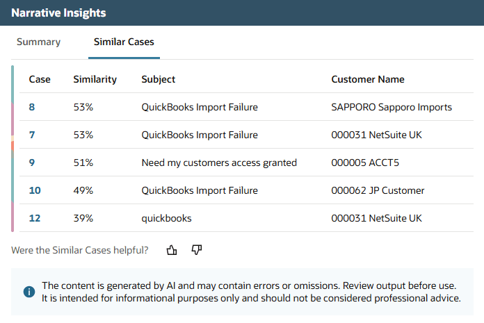 Screenshot of the Similar Cases subtab showing a list of similar cases