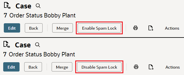 Screenshot of the Enable Spam Lock button on the case record.