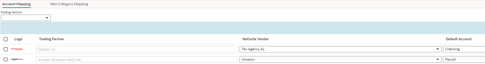 A screenshot of trading partner and vendor mapping.