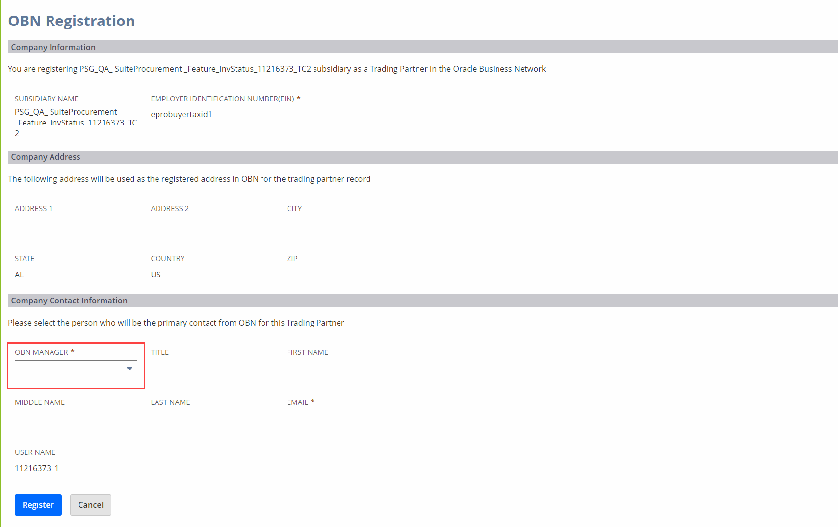 A screenshot of OBN registration form.