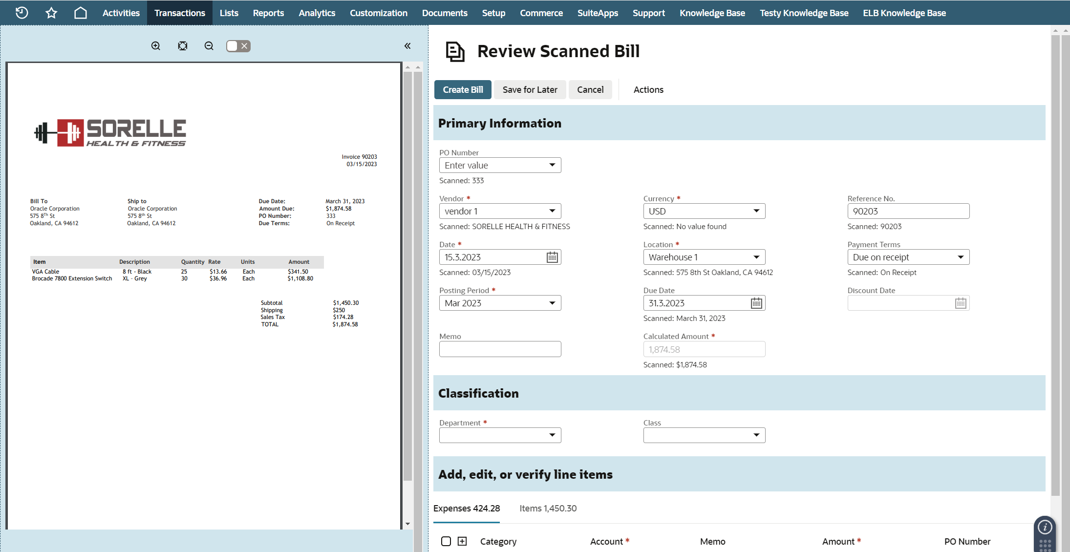 Review Scanned Bill page showing a split view of the scanned file on the left and potential vendor bill on the right.