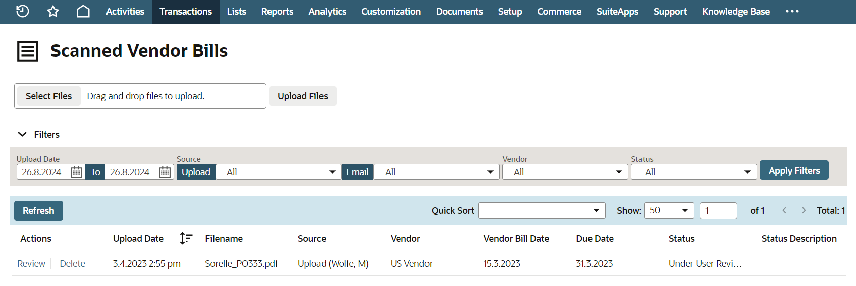 Scanned Vendor Bills page showing an uploaded file.