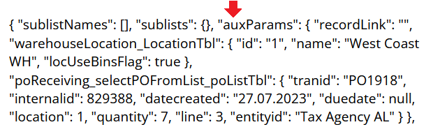 auxParams object data