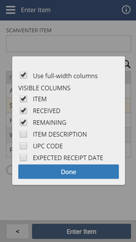 Select columns screen