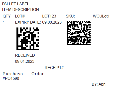 Pallet label for lots