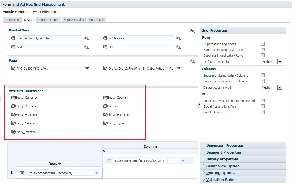 Attribute Dimensions area on the Layout tab Attribute Dimensions area on the Layout tab